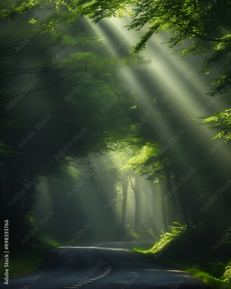 Obraz premium A winding road meandering through a dense forest, enveloped in a mist