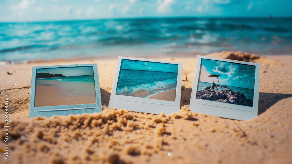 photo frames on beach, photos on beach, A close-up of three summer vacation photos on a beach sandy surface photo frames on beach, photos on beach, A close-up of three summer vacation photos on a beach sandy surface