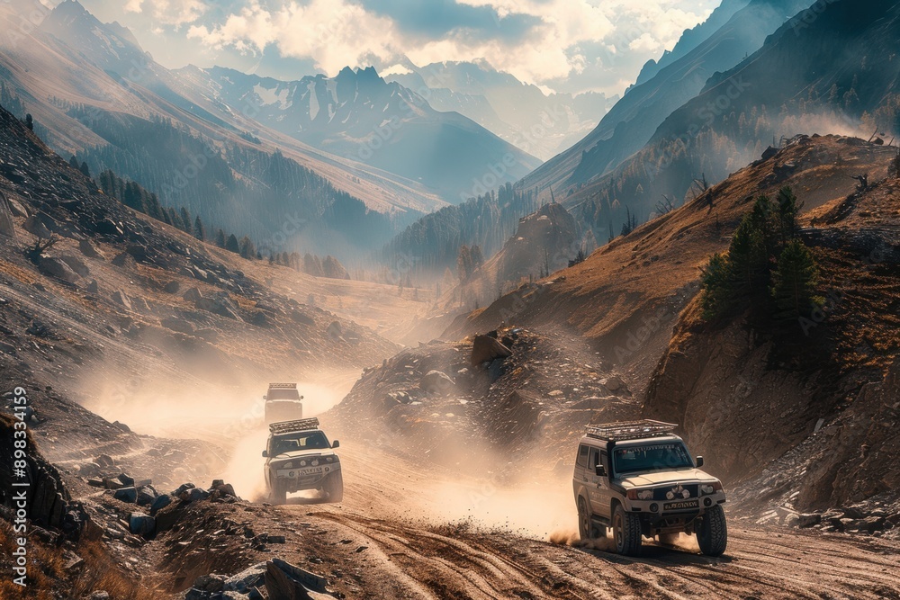 An adventurous off-road scene with a convoy of 4x4 vehicles navigating through a rugged mountain terrain An adventurous off-road scene with a convoy of 4x4 vehicles navigating through a rugged mountain terrain