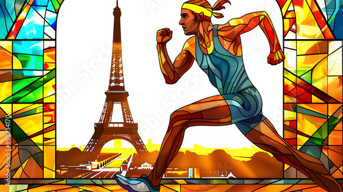 Stained Glass Pentathlon: Stained glass-style illustration of a pentathlete with the Eiffel Tower in the background on a white background.


 photo