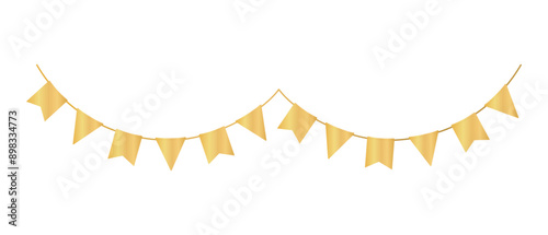 Hanging golden bunting. Pennant border isolated on white background. Triangle flags. Vector clipart