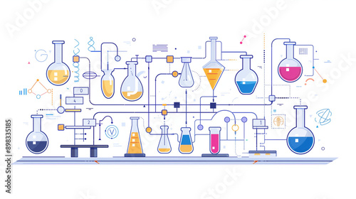 Detailed flow chart of a chemical experiment, including test tubes and bioreactor.
