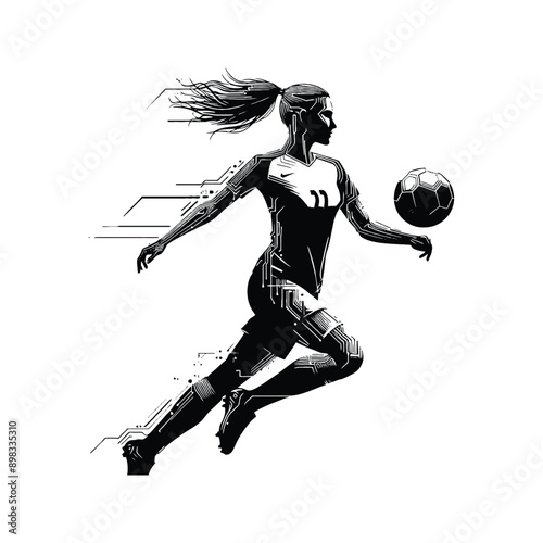 Soccer  female player in cyberpunk pattern illustration, emblem shield badge