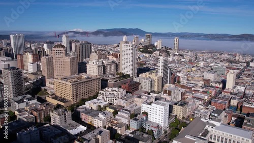 Aerial View of San Francisco Nob Hill Downtown Neighborhood on Sunny Day, Buildings and Mist Over Bay