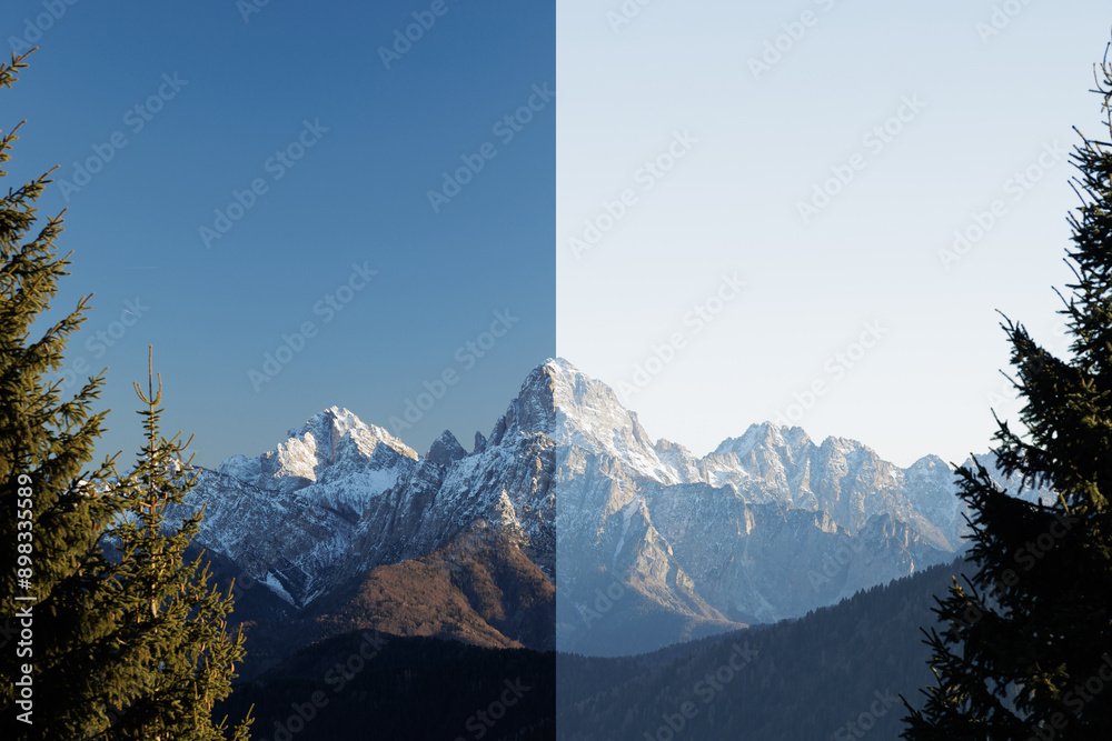 composizione fotografica che mostra lo stesso ambiente naturale di montagna innevato, di giorno, in inverno, diviso a metà, per mostrare la differenza tra un'immagine polarizzata e non