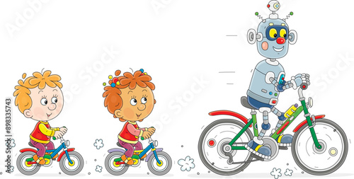Happy little kids and a funny toy robot merrily riding small bicycles, vector illustration on a white background