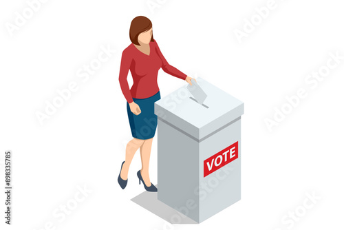 2024 United States of America Presidential Election banner. A young woman, a citizen of the United States, is casting her vote by placing a paper into a ballot box at a polling station.