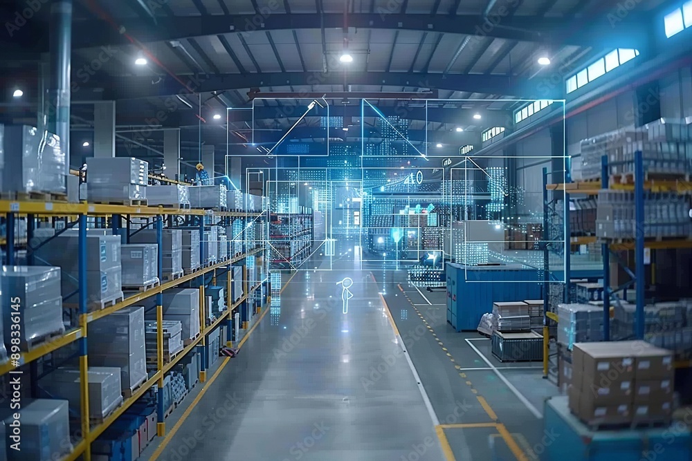 Illustrating a sophisticated warehouse setup, this image features interconnected IoT devices that enable seamless information flow and support predictive maintenance, ensuring efficient operations. Illustrating a sophisticated warehouse setup, this image features interconnected IoT devices that enable seamless information flow and support predictive maintenance, ensuring efficient operations.