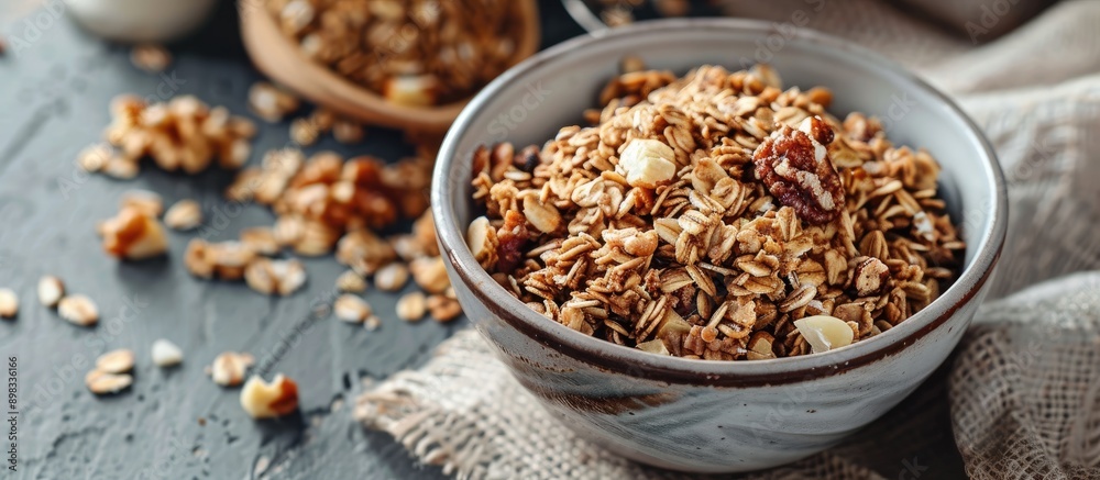 Copy space image of a bowl filled with homemade organic granola featuring oats and walnuts Copy space image of a bowl filled with homemade organic granola featuring oats and walnuts