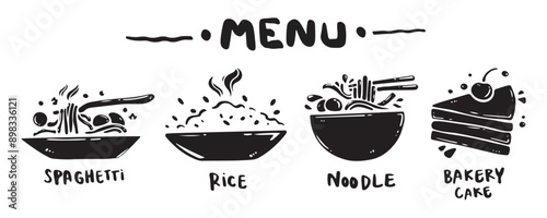 Menu icon set for food categories, hand drawn, vector illustration. (Spaghetti, Rice, Noodles, Bakery, Cake)