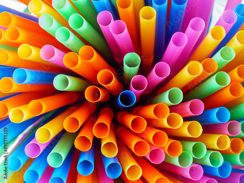 Abstract beautiful multicolored drinking straws, macro rainbow circle of tube background