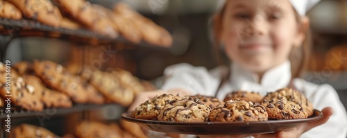 Smiling chef holding a plate of freshly baked pastries.