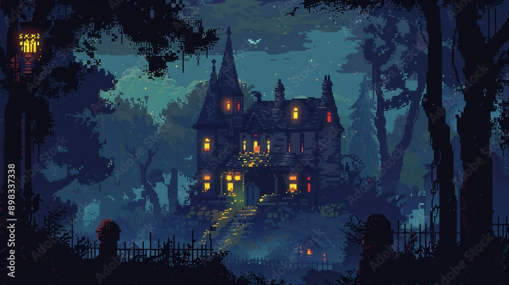 Pixel art haunted mansion, dark forest, eerie lights, spooky atmosphere Pixel art haunted mansion, dark forest, eerie lights, spooky atmosphere