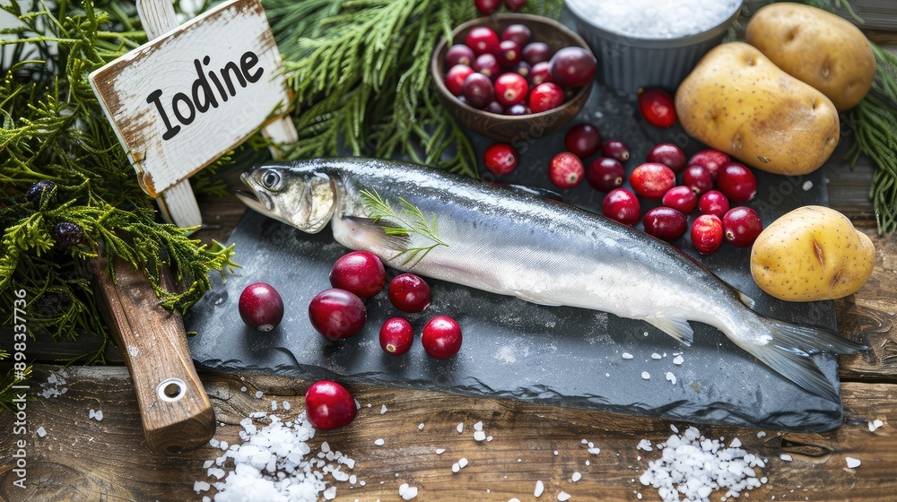 Iodine in food and fish. Selective focus. Iodine in food and fish. Selective focus.