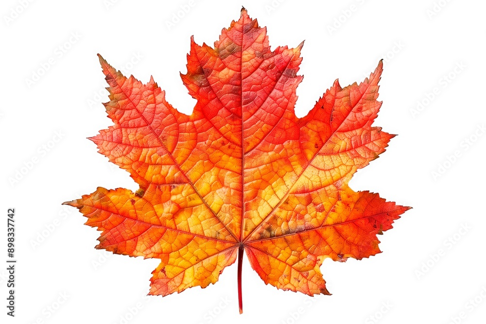 Single red and orange maple leaf against white background Single red and orange maple leaf against white background
