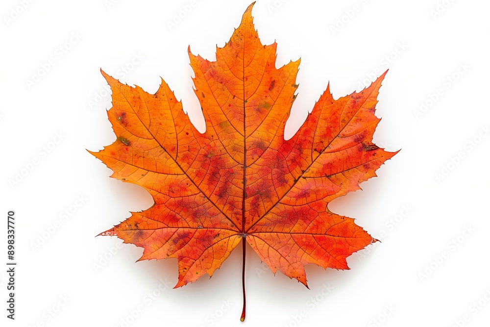 Single red and orange maple leaf against white background Single red and orange maple leaf against white background
