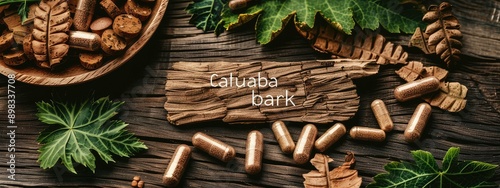 Catuaba bark in supplement capsules. Selective focus. photo