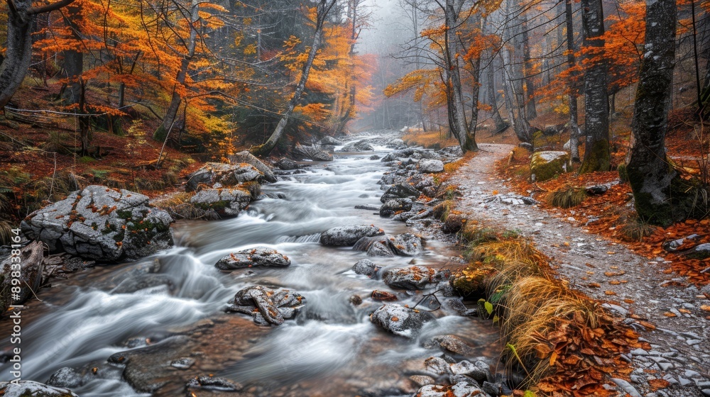 A forest stream runs through a landscape of autumnal trees, their orange leaves blanketing the ground, and is edged with rocks and more trees of similar hue A forest stream runs through a landscape of autumnal trees, their orange leaves blanketing the ground, and is edged with rocks and more trees of similar hue