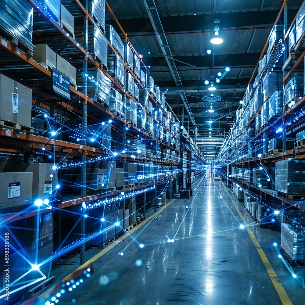 Illustrating a sophisticated warehouse setup, this image features interconnected IoT devices that enable seamless information flow and support predictive maintenance, ensuring efficient operations. Illustrating a sophisticated warehouse setup, this image features interconnected IoT devices that enable seamless information flow and support predictive maintenance, ensuring efficient operations.