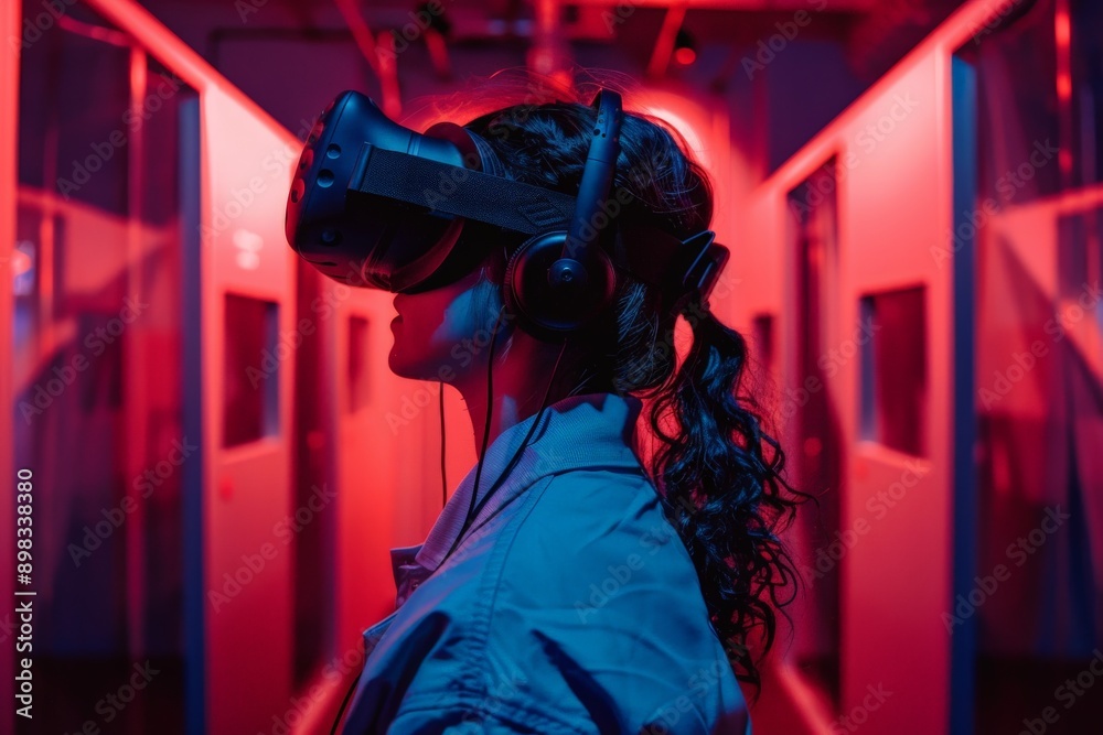 Woman Experiencing Virtual Reality in Red and Blue Light. Woman Experiencing Virtual Reality in Red and Blue Light.