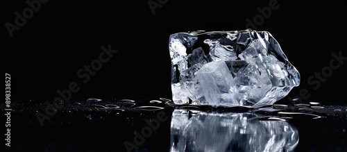 Clear ice piece on reflective black surface with copy space image