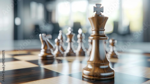 Close up of Sleek Wooden Chess Piece Capturing Opponent on Minimalist Board