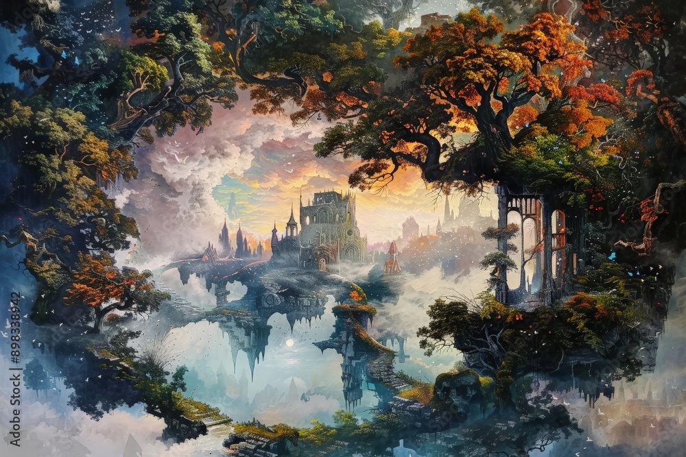 Fantasy Landscape with Floating City and Trees. Fantasy Landscape with Floating City and Trees.