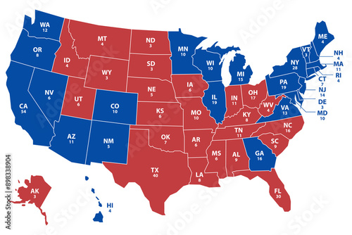 United States of America USA 2024 Presidential Election Results Map in red and blue. 2024 United States of America Presidential Election banner.