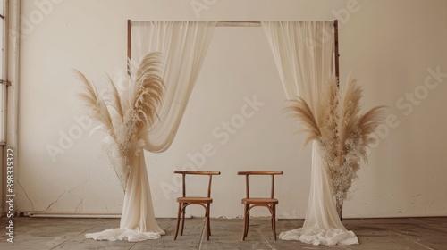 Minimalist Wedding Arch with Pampas Grass and Wooden Chairs