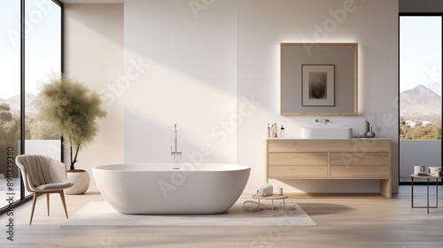 Bright and Airy Bathroom with Freestanding Tub and Wooden Vanity © Paul Peery