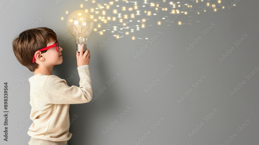 A Young Boy Standing and Holding a Lightbulb With Sparks Flying Out From It A Young Boy Standing and Holding a Lightbulb With Sparks Flying Out From It