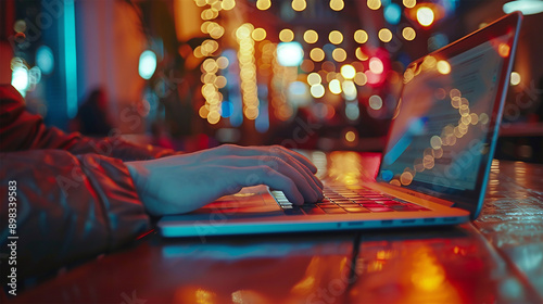 photo of hands typing on a laptop in a café, with a stylish and vibrant background, in high-definition