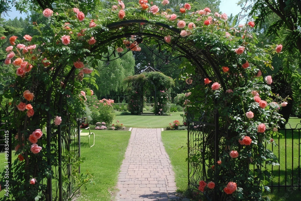 ภาพประกอบสต็อก Victorian Garden, wrought iron with climbing roses and ...