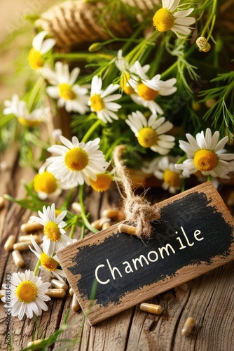 Chamomile capsules supplements on the table. Selective focus.