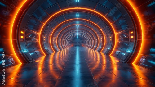 Futuristic sci fi corridor glowing in orange and blue with reflective floor, leading to a bright doorway