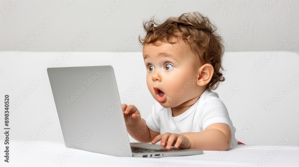Baby Looking Surprised While Using a Laptop Computer Baby Looking Surprised While Using a Laptop Computer