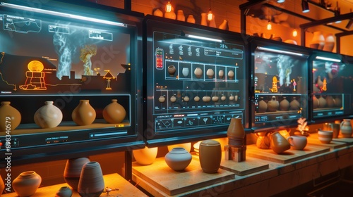 digital ceramics studio, where artists mold and fire pottery in a virtual kiln, with screens showing the temperature controls and glazing techniques photo