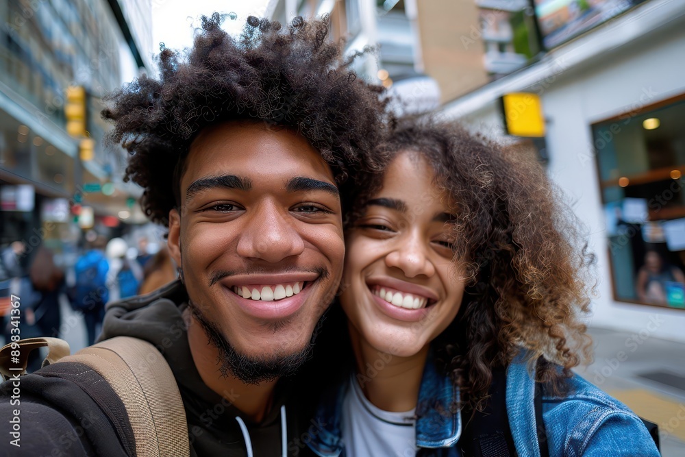 wideangle selfie of diverse young couple genuine smiles urban backdrop candid moment youthful energy wideangle selfie of diverse young couple genuine smiles urban backdrop candid moment youthful energy