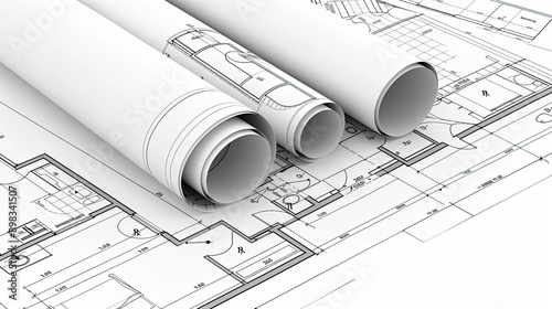 Architectural Blueprints Are Rolled Out and Spread Across a Table for Review