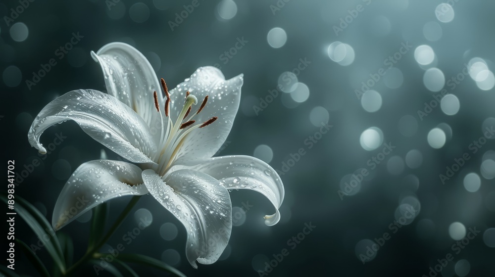 Fototapeta premium A tight shot of a white bloom, dewdrops glistening on its petals, backdrop softly blurred