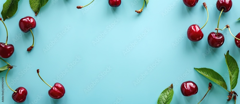 Top view of a cherry frame on a light blue backdrop with space for adding text ideal for a copy space image Top view of a cherry frame on a light blue backdrop with space for adding text ideal for a copy space image
