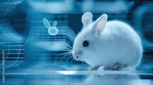 A white rabbit with an augmented reality rabbit figure in a futuristic technological environment, symbolizing tech and nature integration. photo