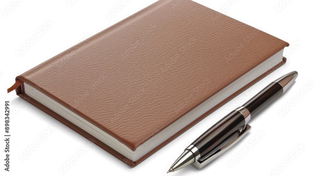 Brown Leather Notebook and Pen on White Background Brown Leather Notebook and Pen on White Background