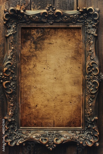 Vintage Photo Frame. A frame of distressed wood with ornate carvings and a nostalgic patina. The center is a blank sepia-toned space. © grey