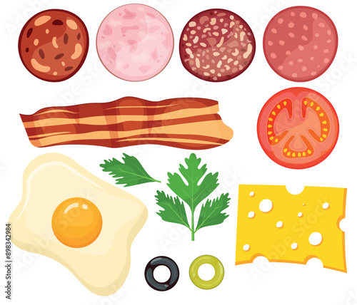 Vector image of bacon and fried eggs. Tasty breakfast. Food concept. Element for your design. Ingredient for cooking.