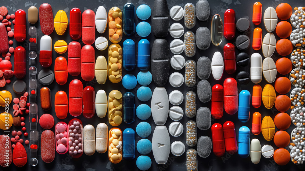 Colorful Pills and Capsules in row at background. Medicine theme Colorful Pills and Capsules in row at background. Medicine theme