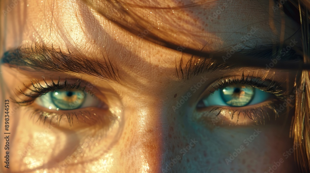 A close-up of a woman's blue eyes with freckled hair framing her face A close-up of a woman's blue eyes with freckled hair framing her face