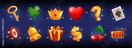 Game icon. Slot machine UI. Casino kit. Jackpot gift. Money coin. Gold key and crown. Poker winning. Cherry or shamrock. Vegas prize. Present box. Mobile GUI. Gambling elements set. Vector tidy design