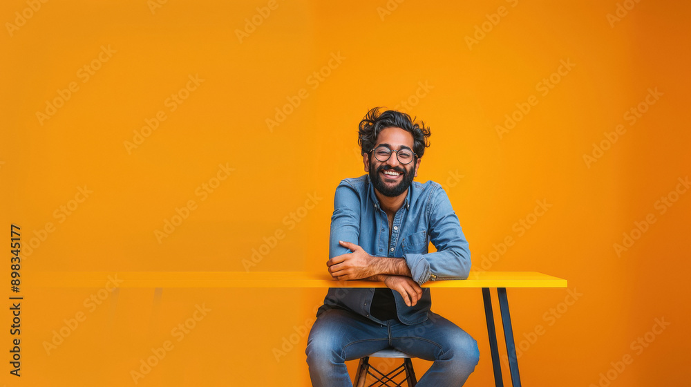 young indian man sitting on yellow background young indian man sitting on yellow background