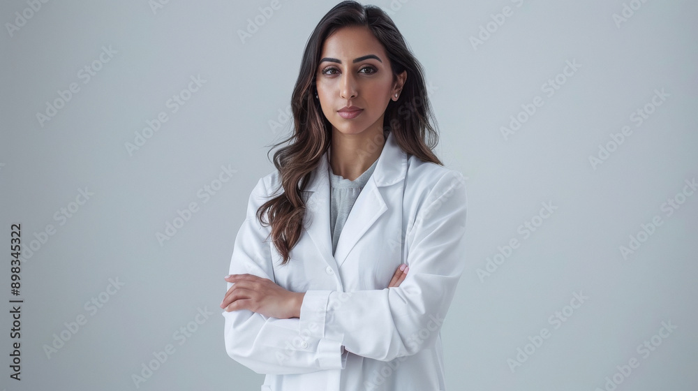 young indian female doctor standing on white background